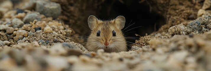 Wall Mural - Tiny desert mouse peeking out of a burrow surrounded by cracked soil and sparse vegetation