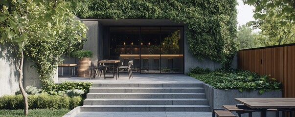Aufkleber - Modern cafe exterior with a wall covered in lush greenery, concrete design, and outdoor seating
