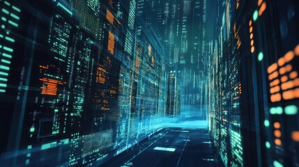 Wall Mural - futuristic digital city, glowing data streams, server room corridor.