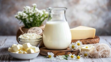 Wall Mural - Fresh dairy products arranged aesthetically with milk, butter, and cheese on a rustic table