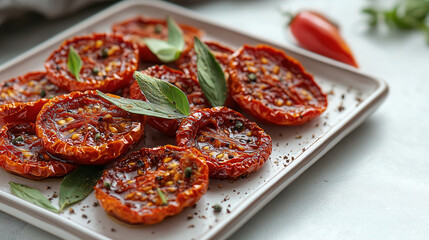 Wall Mural - Close-up view of sun-dried tomatoes with spices on a white table showcasing culinary artistry and natural flavors