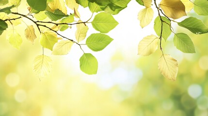 Sticker - Branch with green and yellow leaves is hanging over a blurred green background