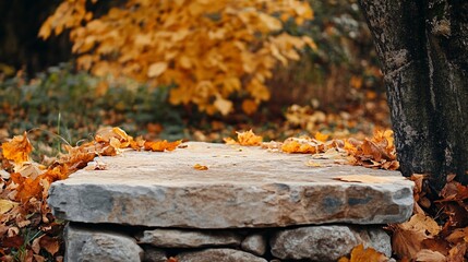 Wall Mural - Autumn's beauty: fallen leaves adorn stone surface in the park