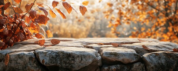 Leinwandbilder - Autumn ambiance: product display on natural stone podium with leaves gently falling in the background