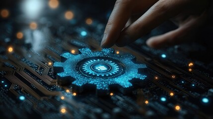 A Hand Interacts With a Glowing Digital Gear on a Circuit Board