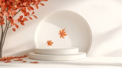 Leinwandbilder - Minimal white podium is showcasing products with orange autumn leaves falling around it