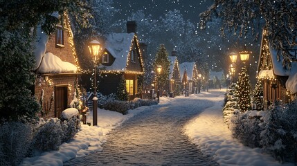 Aufkleber - Charming town covered in snow with christmas lights illuminating the night