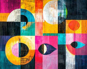 Wall Mural - Abstract desert painting with bold geometric shapes vibrant yellows oranges and blues creating a surreal composition