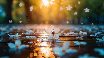 Canvas Print - Spring blossom petals fall on wet wooden path, sunset