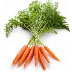 Poster - Fresh orange carrots with verdant tops bundled, resting on pristine white surface