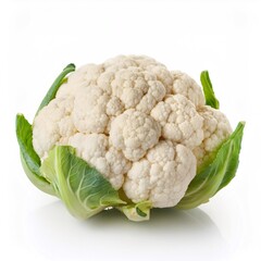 Poster - Fresh white cauliflower head with green leaves, isolated on a white background, perfect for healthy recipes