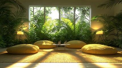 Sticker - Sunlit room, tropical plants, yellow floor cushions, relaxation area, home interior design