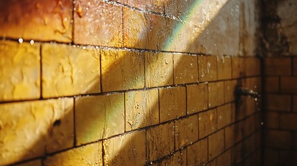 Canvas Print - Sunlit, wet yellow brick wall, water droplets, rainbow, old building, interior design