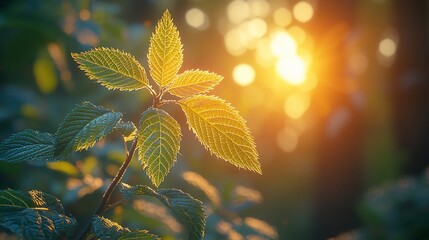 Canvas Print - Sunrise illuminates young leaves, forest background; nature, ecology