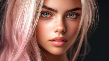 Wall Mural - Close-up of young caucasian female with pink-blonde hair and blue eyes