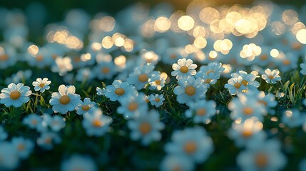 Canvas Print - Sunset daisies field, bokeh background, nature scene, peaceful mood, spring