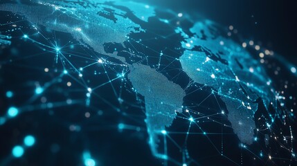 light blue background with a digital world map and global network connections, representing the concept of international business or connectivity