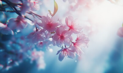 Wall Mural - Delicate cherry blossoms in full bloom, with soft pastel tones and sunlight filtering through the petals