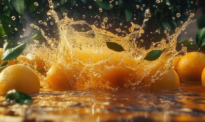 Wall Mural - Dynamic splash of orange juice mid-air, surrounded by fresh citrus fruits, bursting with energy and freshness.