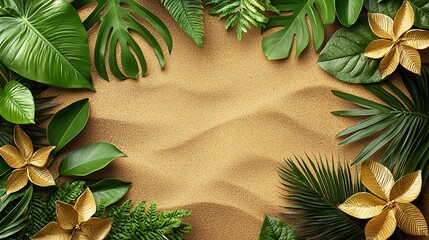 Canvas Print - Tropical leaves frame beach sand; summer vacation background