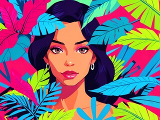 Wall Mural - Vibrant Tropical Portrait: A Woman Amidst Lush Neon Foliage