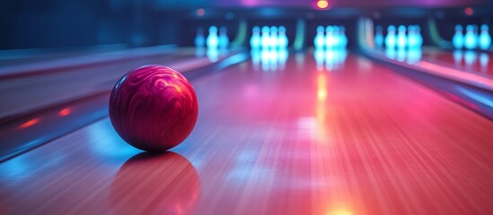 Wall Mural - A vibrant bowling alley scene with a pink marble ball rolling towards illuminated pins