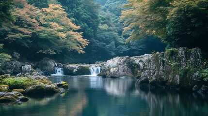 Poster - Serene Waterfall in a Tranquil Forest Surrounded by Colorful Autumn Foliage : Generative AI
