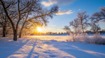 Aufkleber - Stunning winter sunrise illuminating frosty trees and snowy landscape : Generative AI