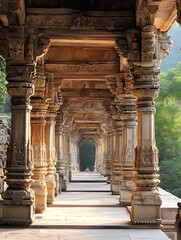 Poster - Ancient Stone Pillars in Sunlight Creating a Mystical Passageway Surrounded by Nature : Generative AI