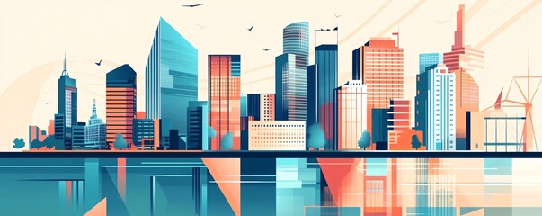 Fototapete - Modern colorful cityscape reflecting in the water with skyscrapers and office buildings