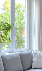 Poster - Bright window with view of trees from couch. Home interior decor advertisement