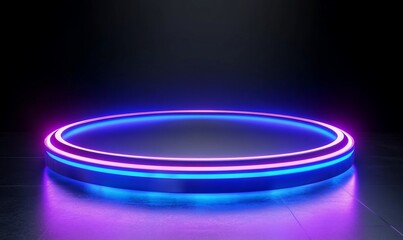 Poster - Neon circle podium, dark studio background, product display