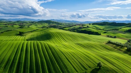 Vibrant green countryside landscape with rolling hills under a clear blue sky : Generative AI