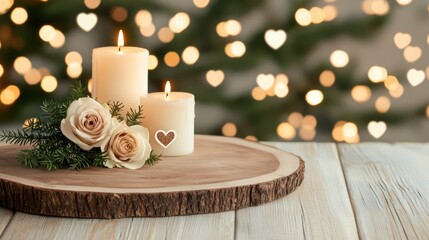 Wall Mural - Cozy Candles with Roses and Heart-Shaped Bokeh Background