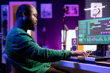 Poster - Musician playing piano keyboard and recording tracks for mix and master session, using digital software on pc to create new songs. Sound producer composing music with midi controller tool.