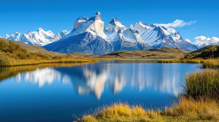 Poster - Serene Mountain Reflection in Crystal Clear Lake under Blue Sky