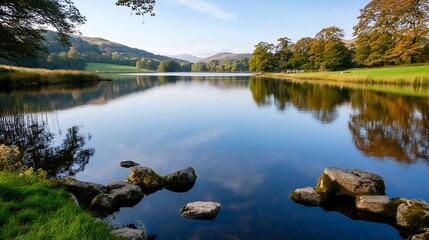 Wall Mural - Serene Lake Landscape Surrounded by Green Trees and Rocky Shoreline at Early Morning : Generative AI