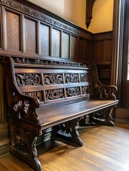 Wall Mural - Elegant Vintage Wooden Bench Against Rich Wood Paneled Wall Showcasing Classic Design : Generative AI