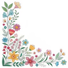 Wall Mural - Colorful Corner Floral Composition Hand-Drawn Flowers, White Background, Springtime Design, Botanical Illustration Floral Design, Spring Flowers