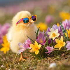 Wall Mural - Cool Chick in Spring Crocus Close-up Composition, Yellow Chick with Sunglasses, Spring Flowers, Cute Animal Photography Keywords chick, spring