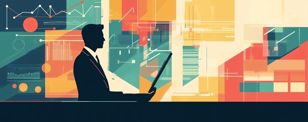 Aufkleber - Businessman working with laptop and abstract geometric shapes