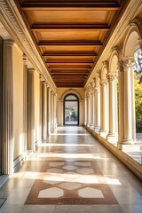 Poster - Elegant corridor with arches and wooden ceiling bathed in warm sunlight : Generative AI
