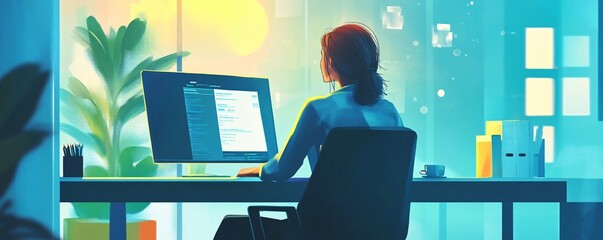 Aufkleber - Young woman working from home office using desktop computer at night