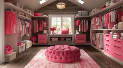 A beautifully organized walk-in closet featuring coordinated pink clothing and accessories with a stylish pink ottoman and chandelier in a cozy atmosphere.