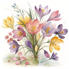 Wall Mural - Watercolor Crocus Bouquet Spring Floral Illustration, Crocus painting, Botanical art Spring flowers, watercolor painting