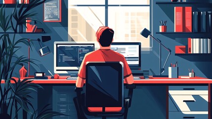 Leinwandbilder - Programmer is writing code on his computer in his home office