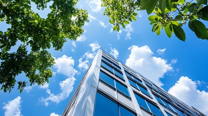 Poster - Refreshing View of a Modern Building Against Clear Blue Sky with Green Trees : Generative AI