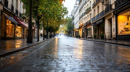 Charming Rainy Street Scene in Paris with Colorful Shops and Cobblestone Pavement : Generative AI