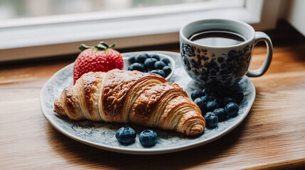 Wall Mural - Morning still life: croissant, blueberries, strawberry, and coffee on a patterned plate near a window.