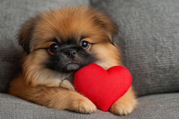 Pekingese puppy with heart on couch, an adorable and fluffy pet with cute fur and big eyes